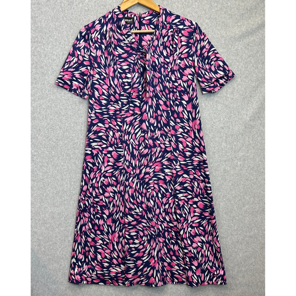 Vintage House Dress Damart Made in France Size 46 Pink Navy Abstract Tie Neck